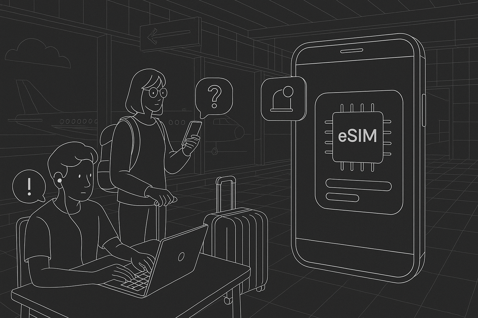 Illustration of esim app display on smartphone in a airport terminal setting, with a creative mood.