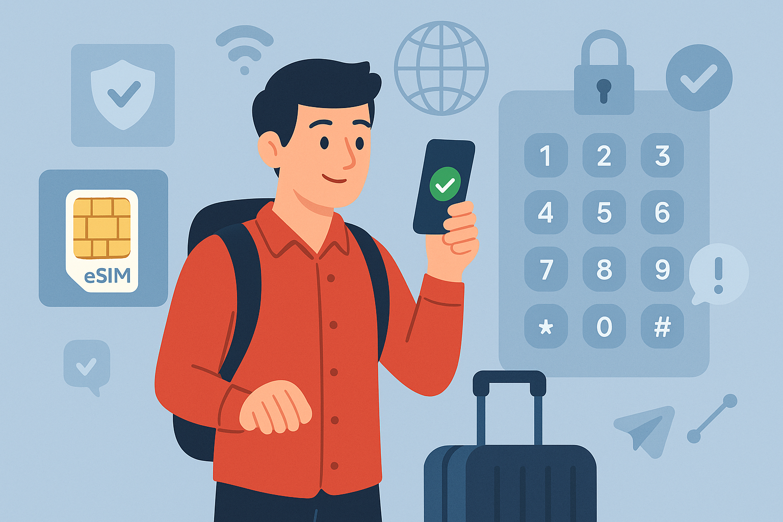 Illustration of traveler activating mobile plan in a international dialing interface setting, with a relaxed mood.