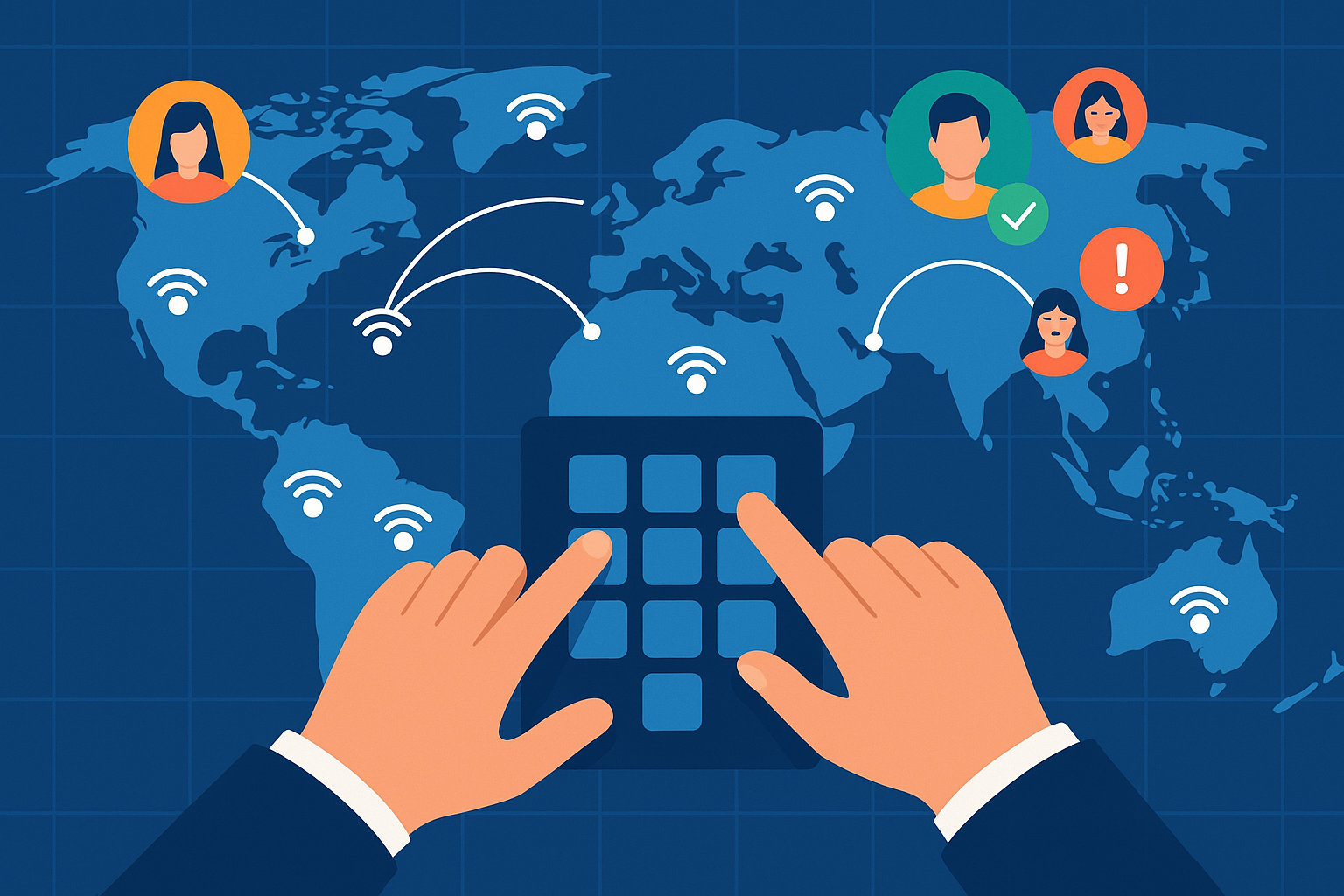 Illustration of hands typing on digital keypad in a world map on digital screen setting, with a focused mood.