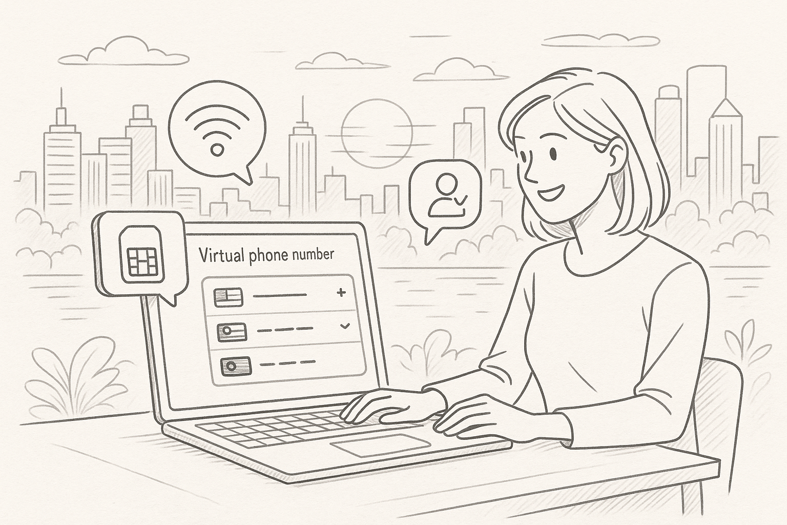 Illustration of virtual phone number dashboard in a urban skyline at sunset setting, with a creative mood.