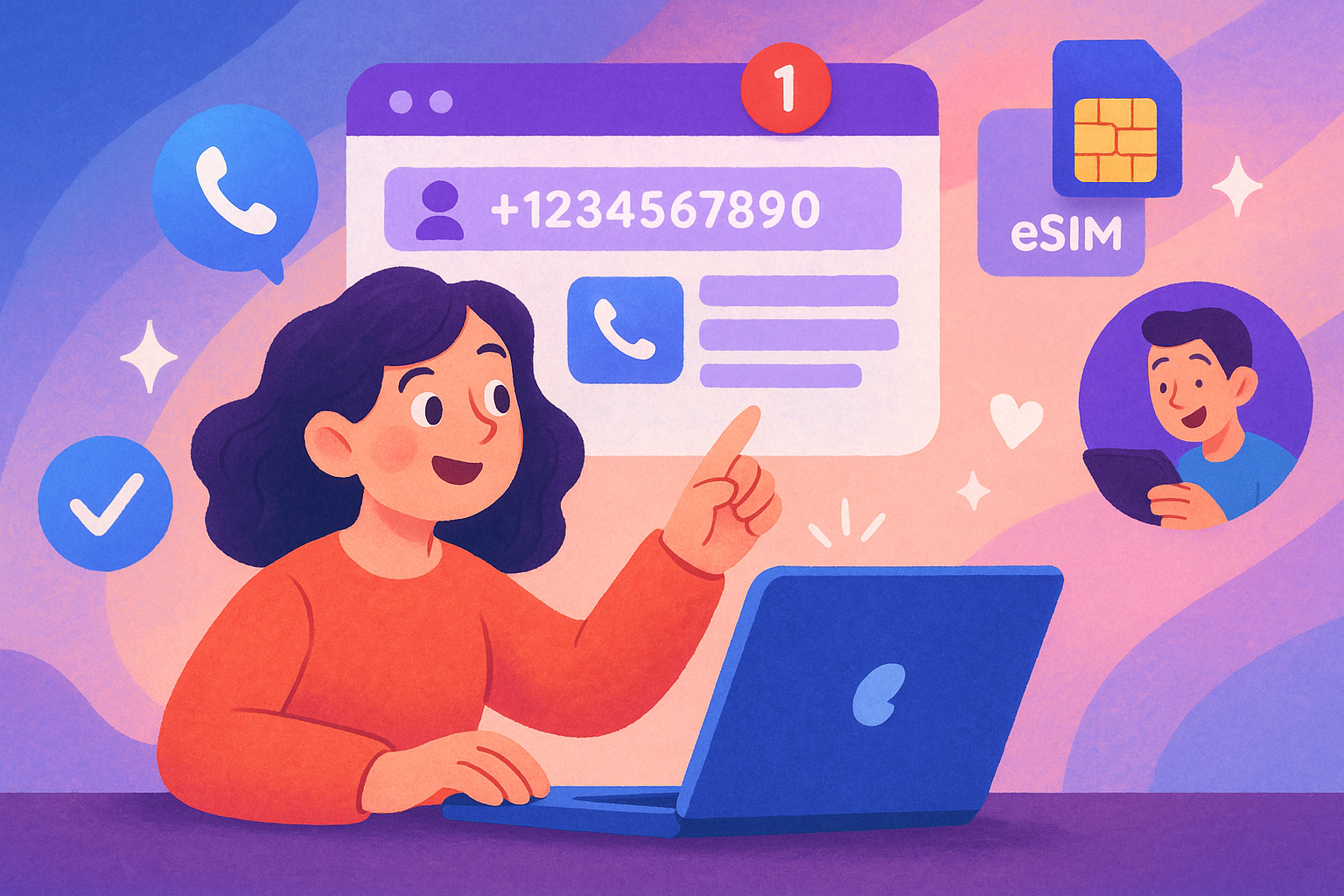 Illustration of virtual phone number dashboard in a techy abstract gradient setting, with a inspired mood.