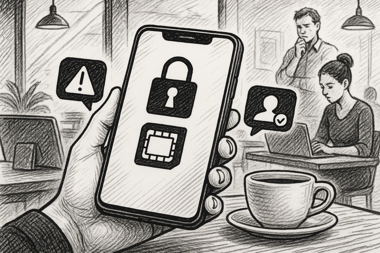 Illustration of closeup of esim enabled phone in a coffee shop workspace setting, with a focused mood.