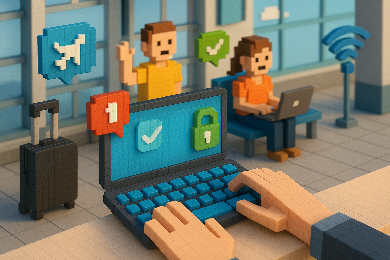 Illustration of hands typing on digital keypad in a airport terminal setting, with a happy mood.