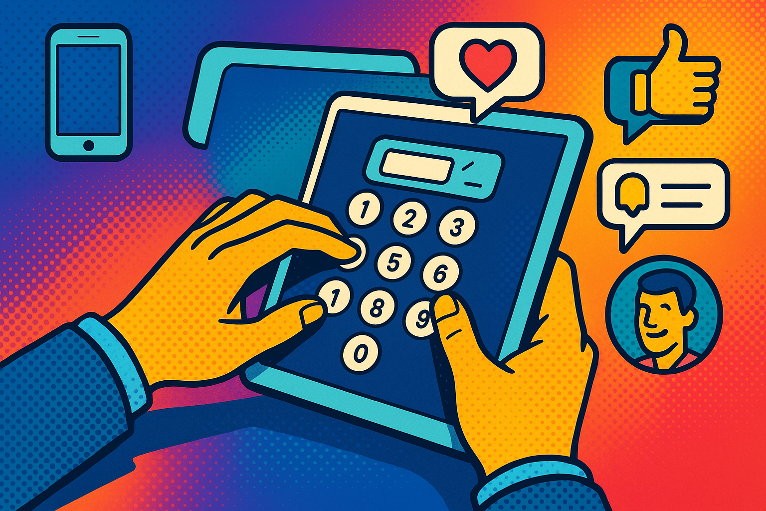 Illustration of hands typing on digital keypad in a techy abstract gradient setting, with a inspired mood.