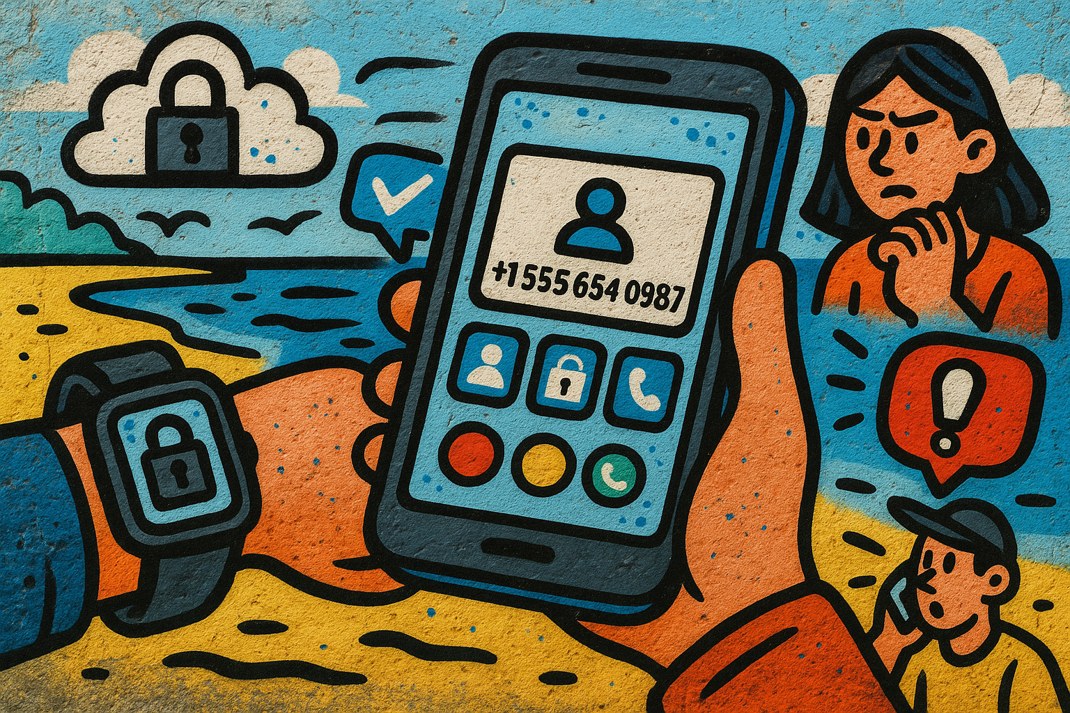 Illustration of virtual phone number dashboard in a beach with smartwatch and phone setting, with a focused mood.