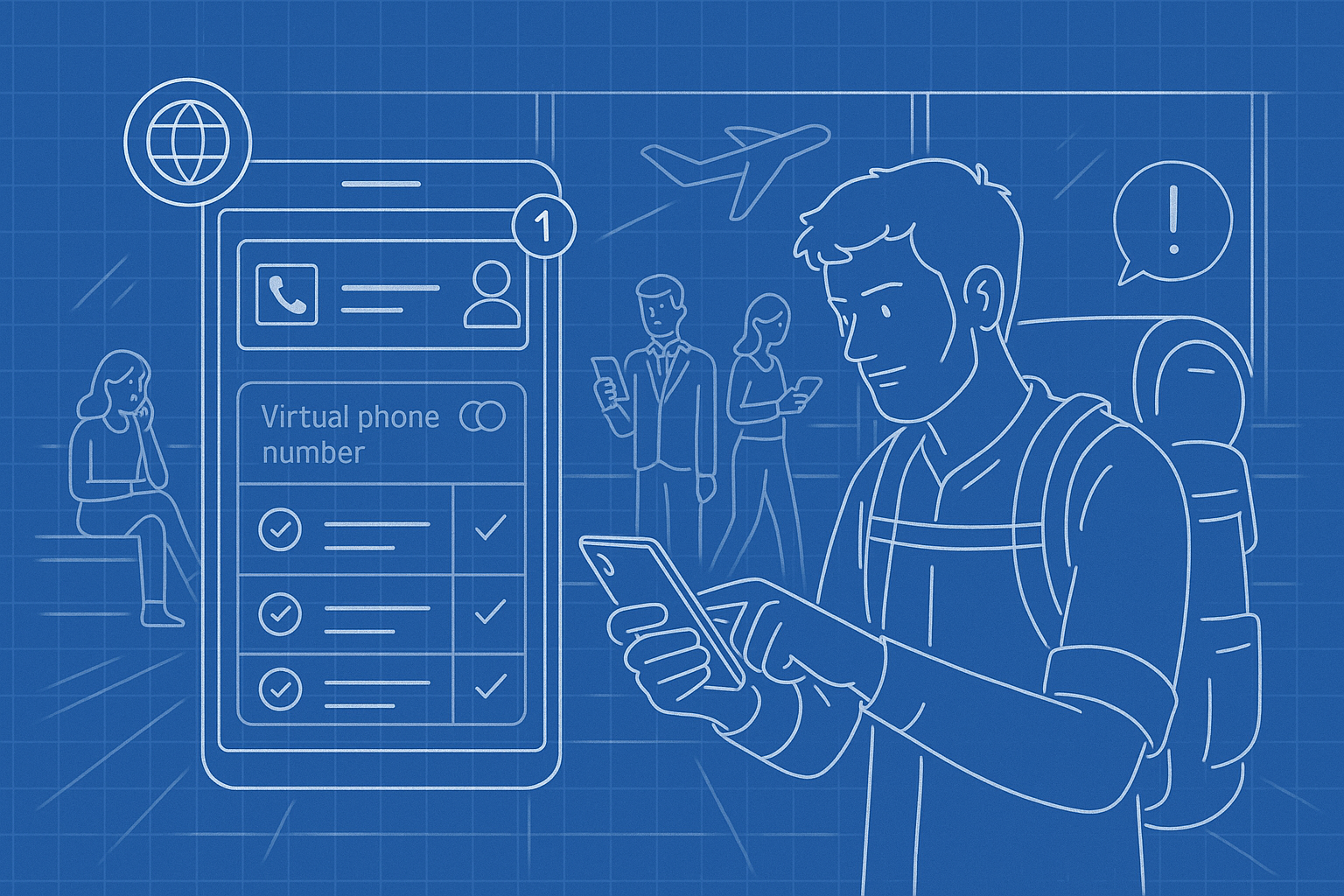 Illustration of virtual phone number dashboard in a airport terminal setting, with a focused mood.