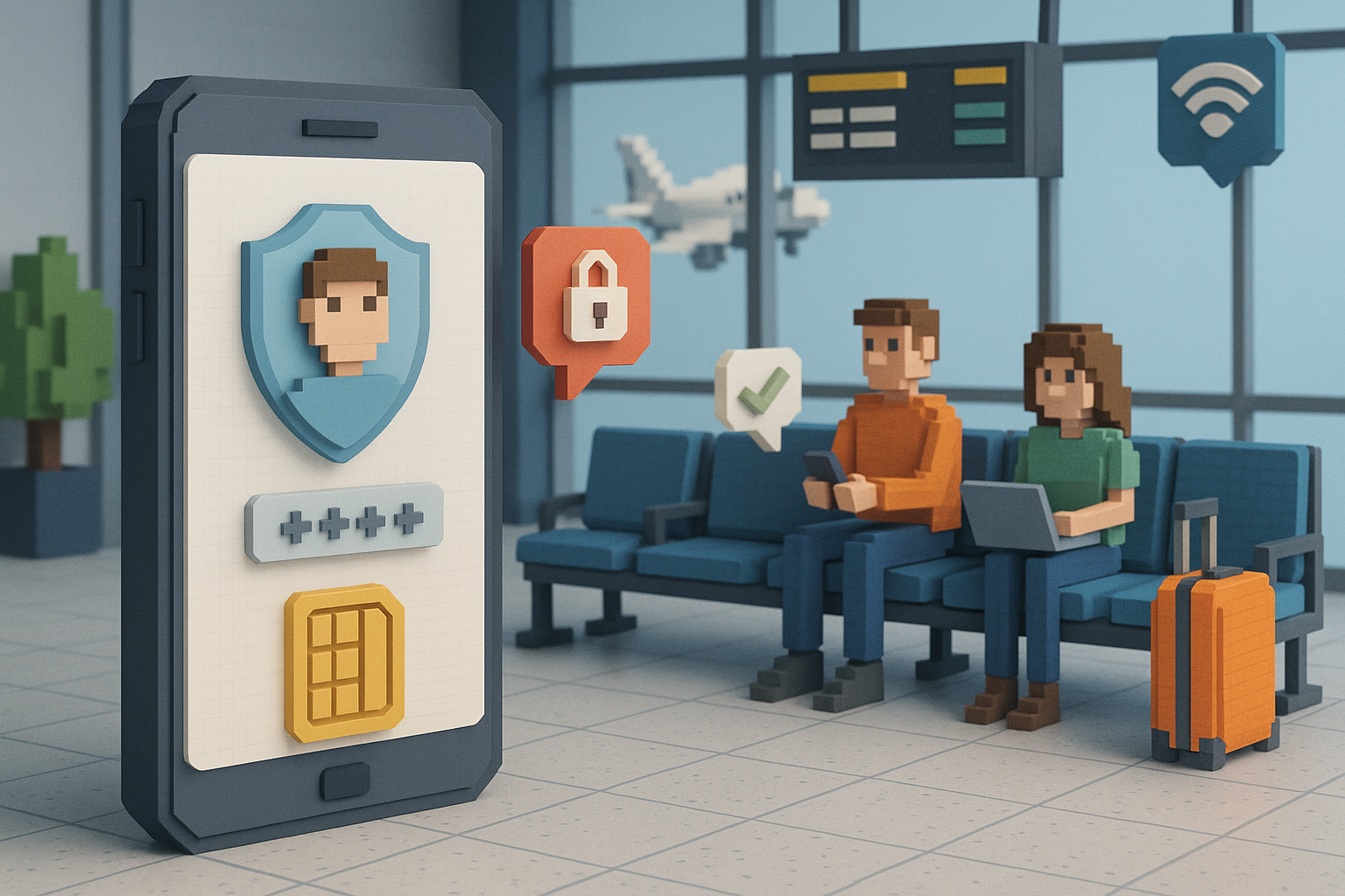Illustration of mobile device with identity access in a airport terminal setting, with a relaxed mood.