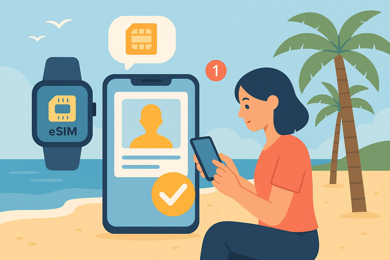 Illustration of mobile device with identity access in a beach with smartwatch and phone setting, with a focused mood.