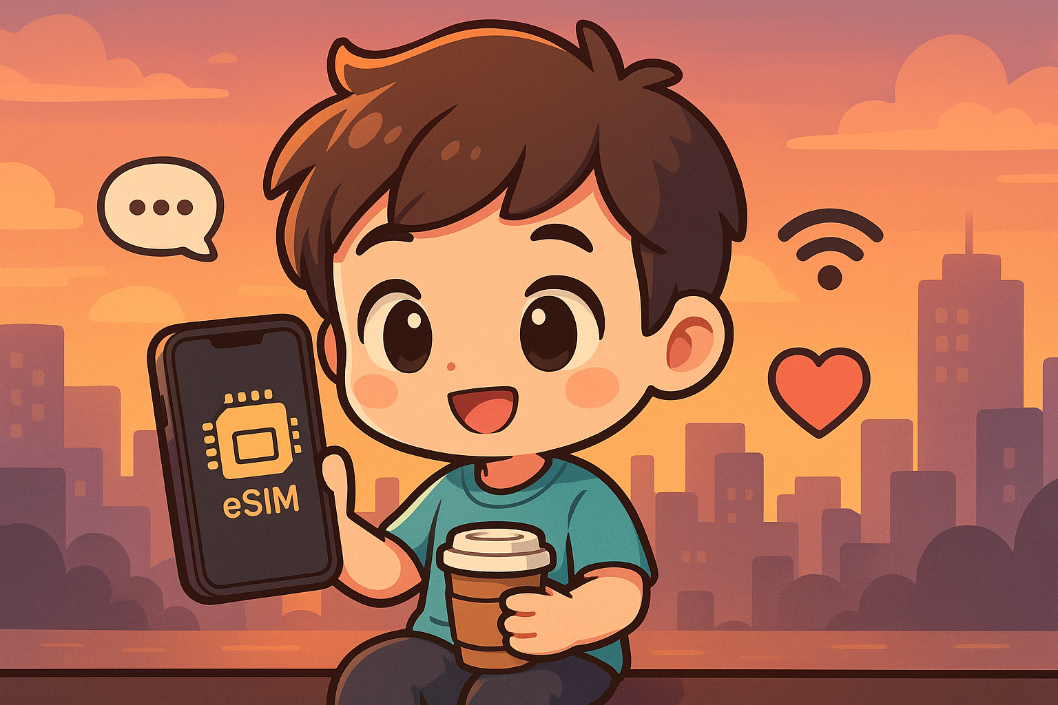 Illustration of closeup of esim enabled phone in a urban skyline at sunset setting, with a relaxed mood.