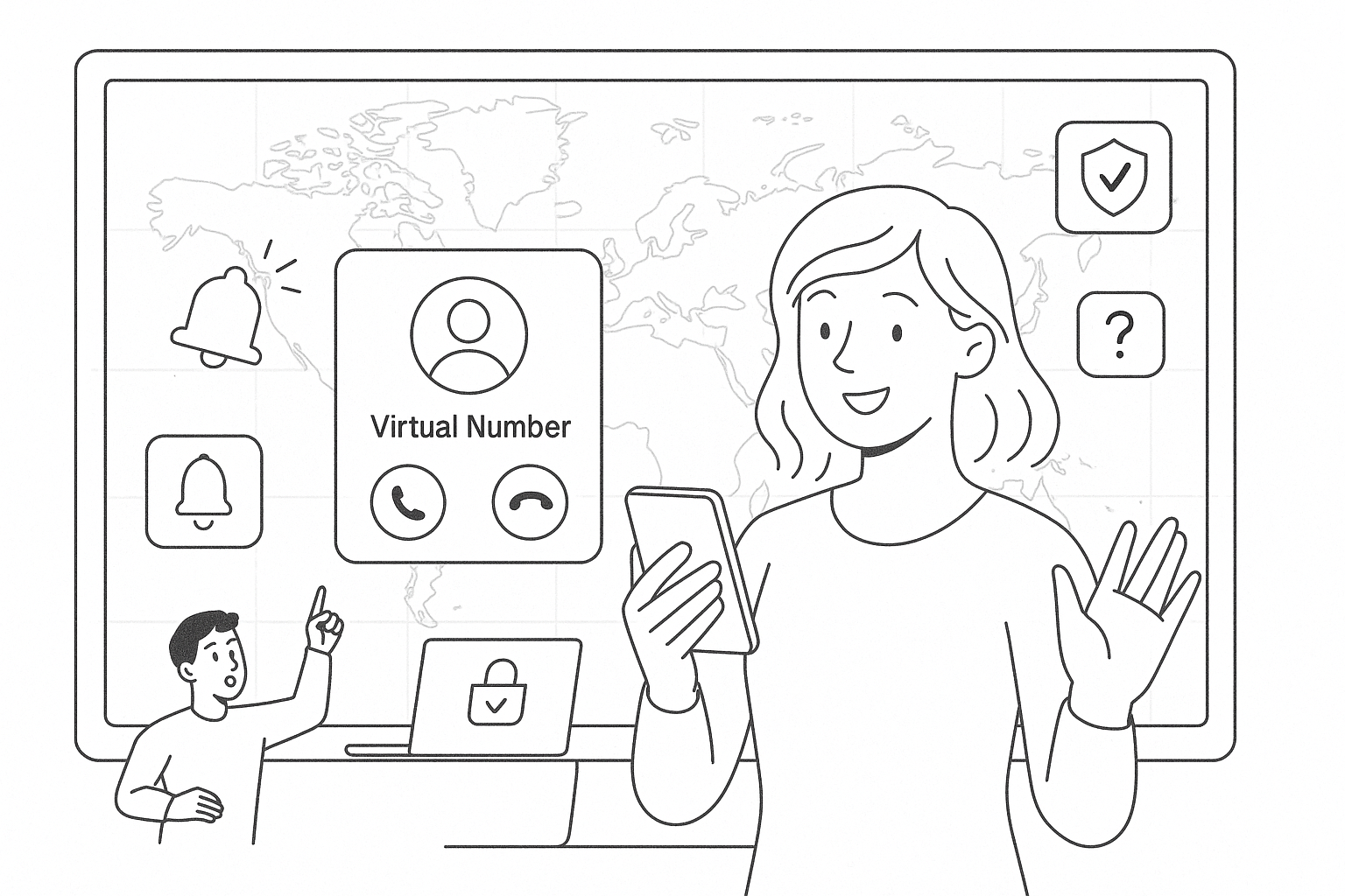 Illustration of incoming call from virtual number in a world map on digital screen setting, with a creative mood.