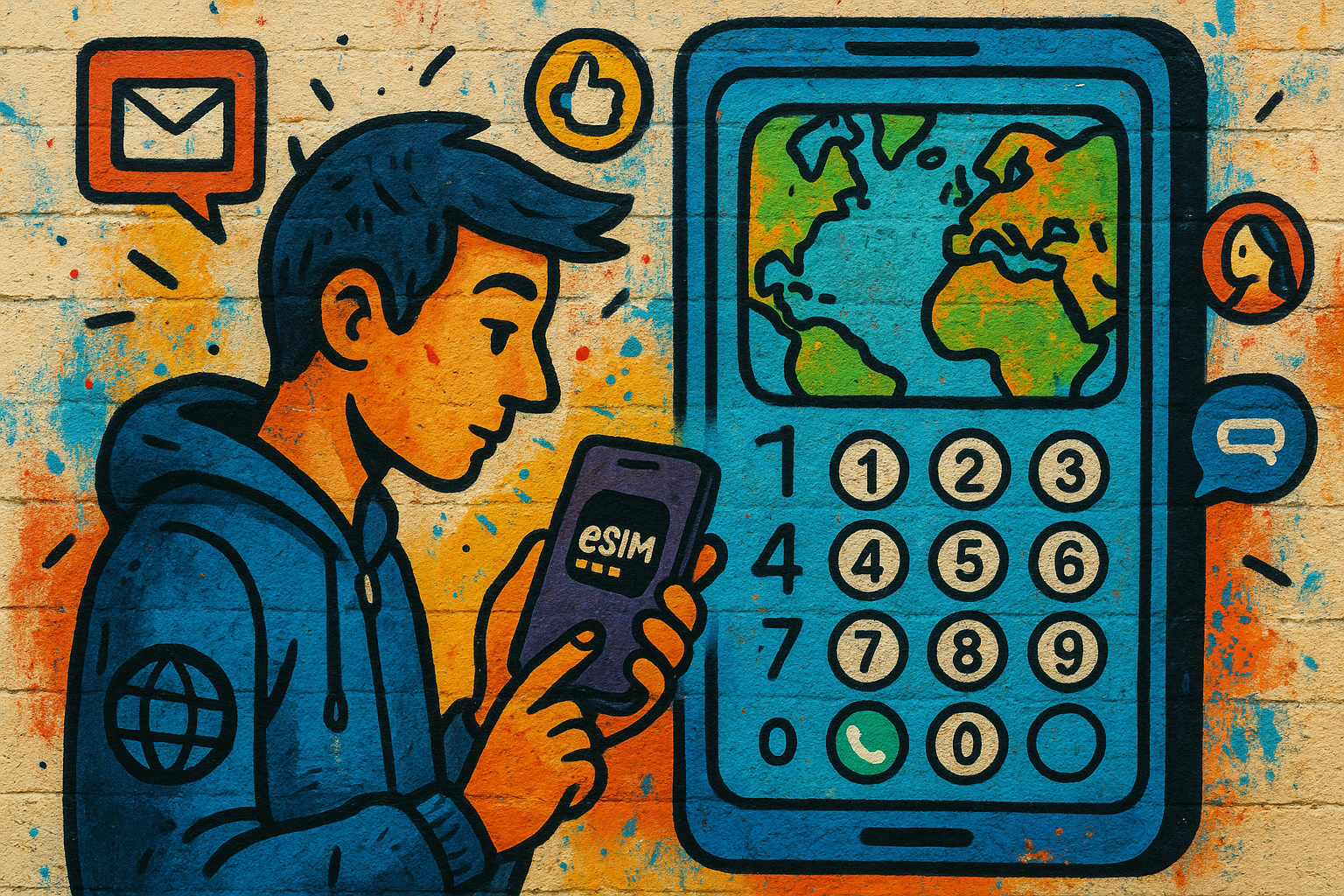 Illustration of person using phone with esim interface in a international dialing interface setting, with a creative mood.
