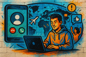 Illustration of incoming call from virtual number in a world map on digital screen setting, with a inspired mood.