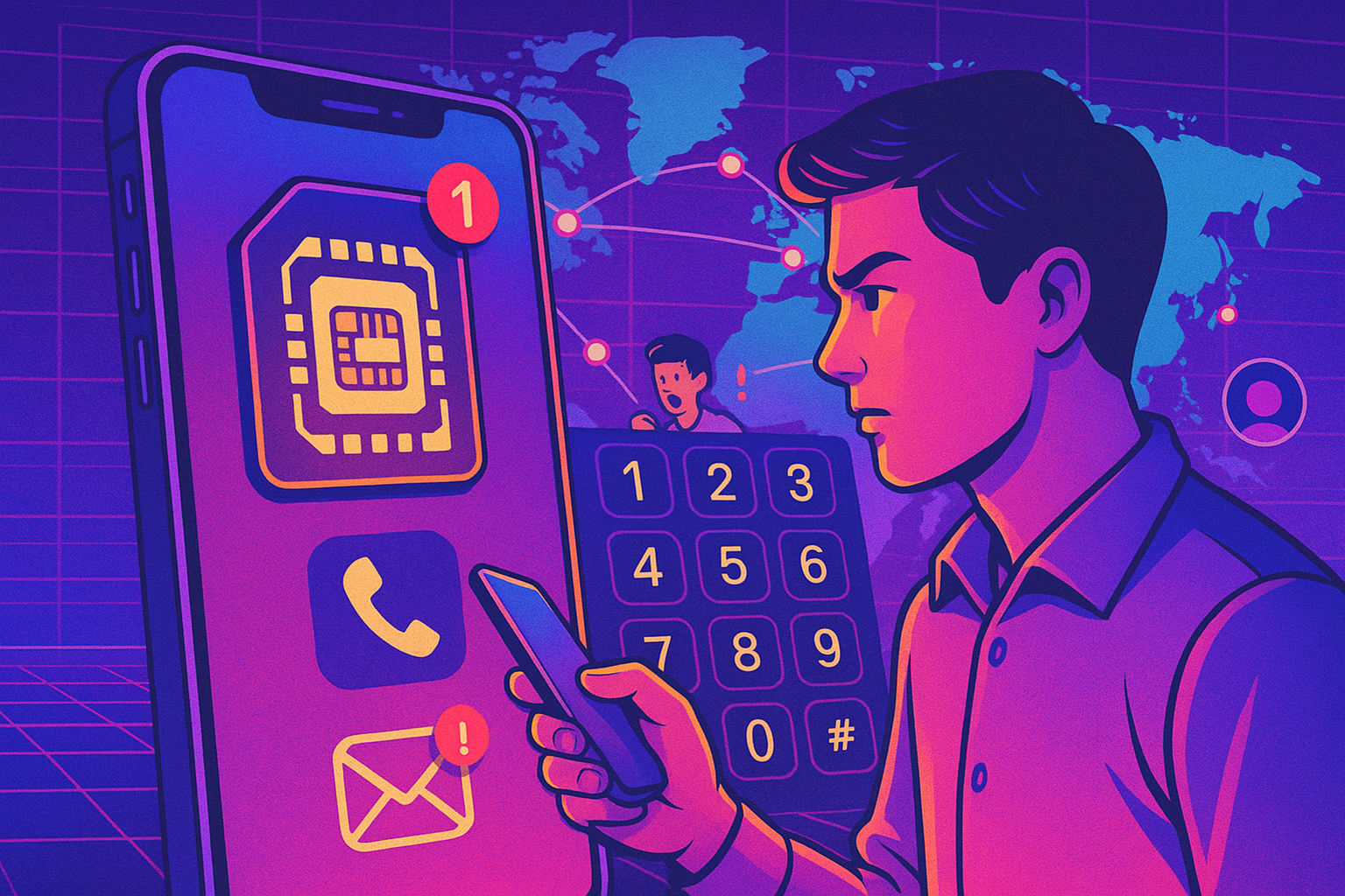 Illustration of closeup of esim enabled phone in a international dialing interface setting, with a determined mood.