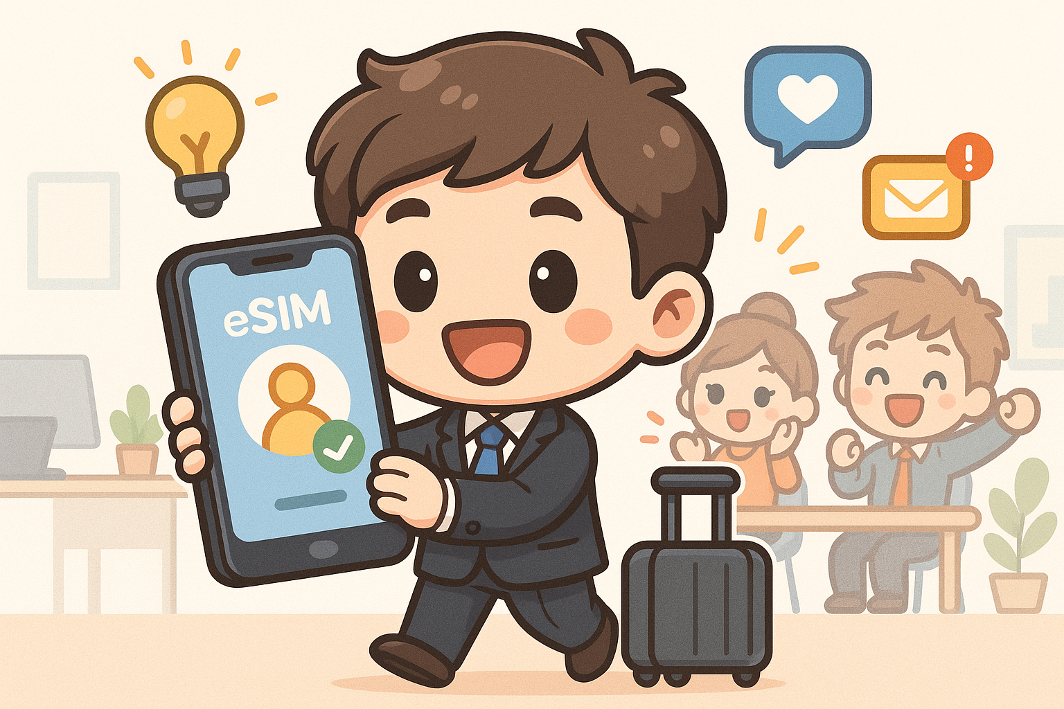 Illustration of mobile device with identity access in a startup office environment setting, with a inspired mood.
