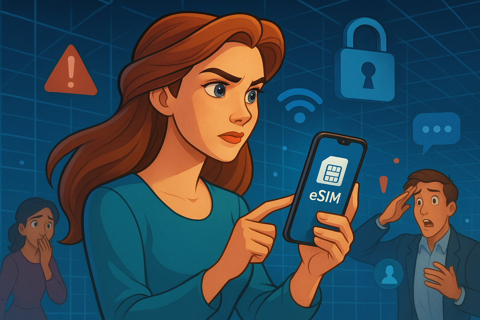 Illustration of person using phone with esim interface in a cybersecurity digital grid setting, with a determined mood.