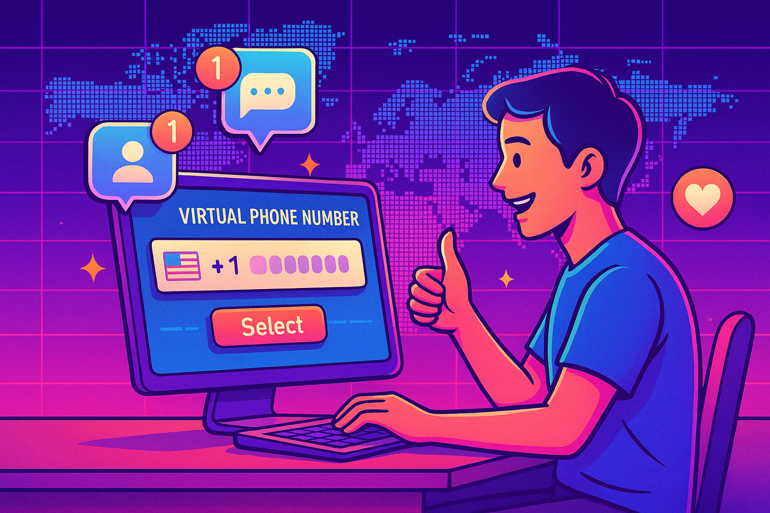 Illustration of virtual phone number dashboard in a world map on digital screen setting, with a inspired mood.