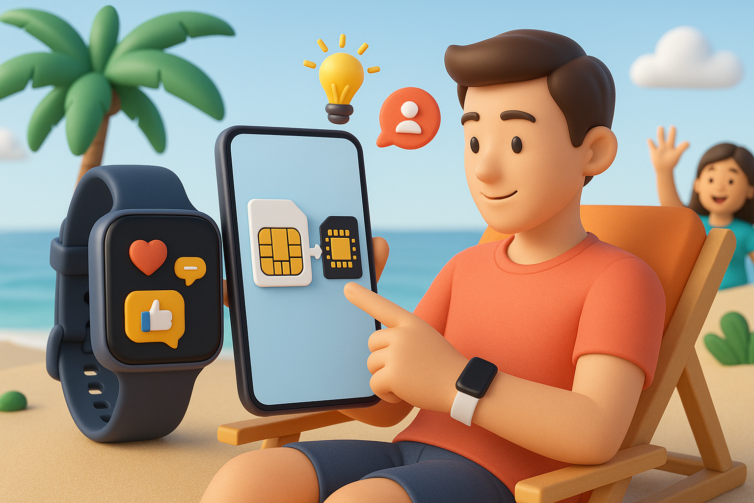 Illustration of user switching from sim to esim in a beach with smartwatch and phone setting, with a creative mood.