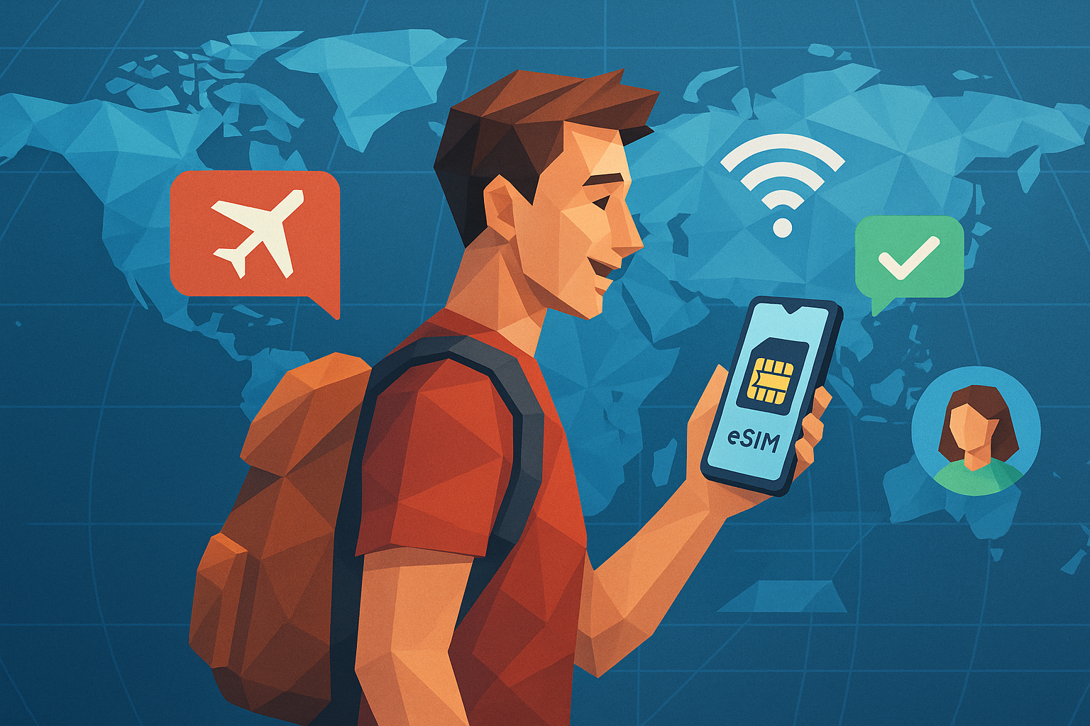 Illustration of closeup of esim enabled phone in a world map on digital screen setting, with a creative mood.