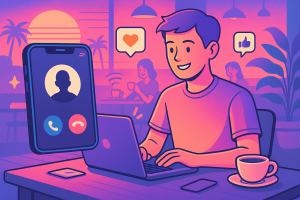 Illustration of incoming call from virtual number in a coffee shop workspace setting, with a happy mood.