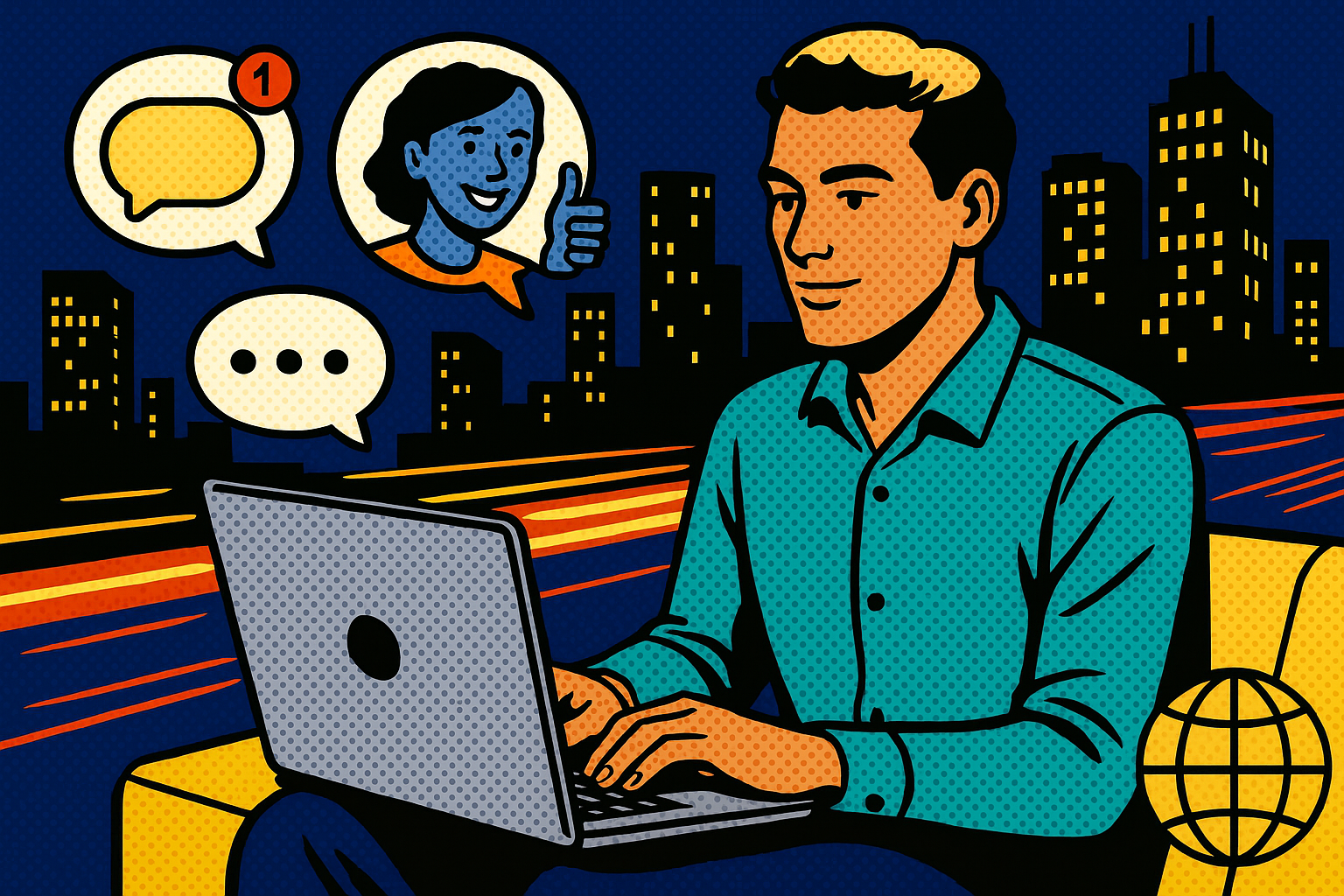 Illustration of nomad on laptop using messaging app in a city night view with light trails setting, with a focused mood.