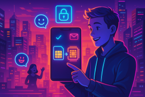 Illustration of user switching from sim to esim in a urban skyline at sunset setting, with a happy mood.
