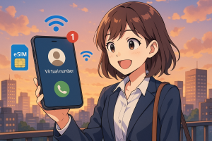 Illustration of incoming call from virtual number in a urban skyline at sunset setting, with a happy mood.