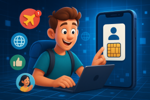 Illustration of mobile device with identity access in a cybersecurity digital grid setting, with a creative mood.