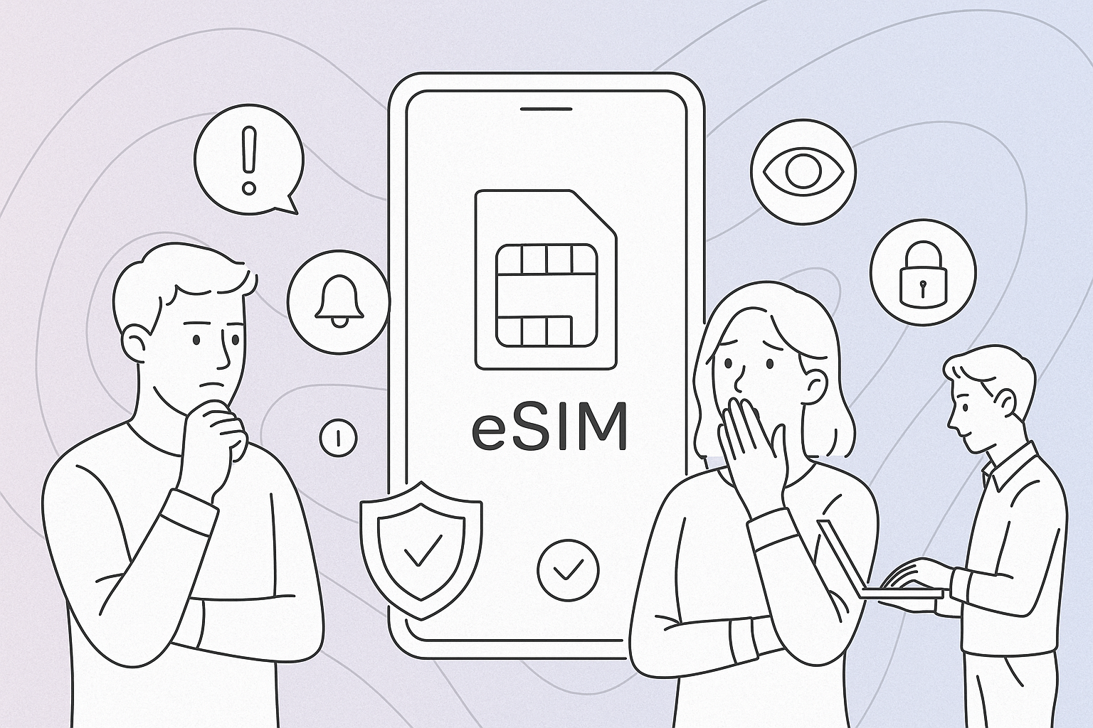 Illustration of esim app display on smartphone in a techy abstract gradient setting, with a focused mood.