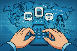 Illustration of hands typing on digital keypad in a world map on digital screen setting, with a inspired mood.