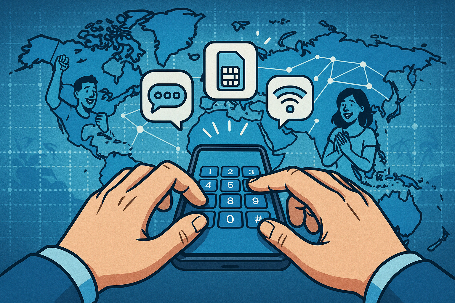 Illustration of hands typing on digital keypad in a world map on digital screen setting, with a inspired mood.