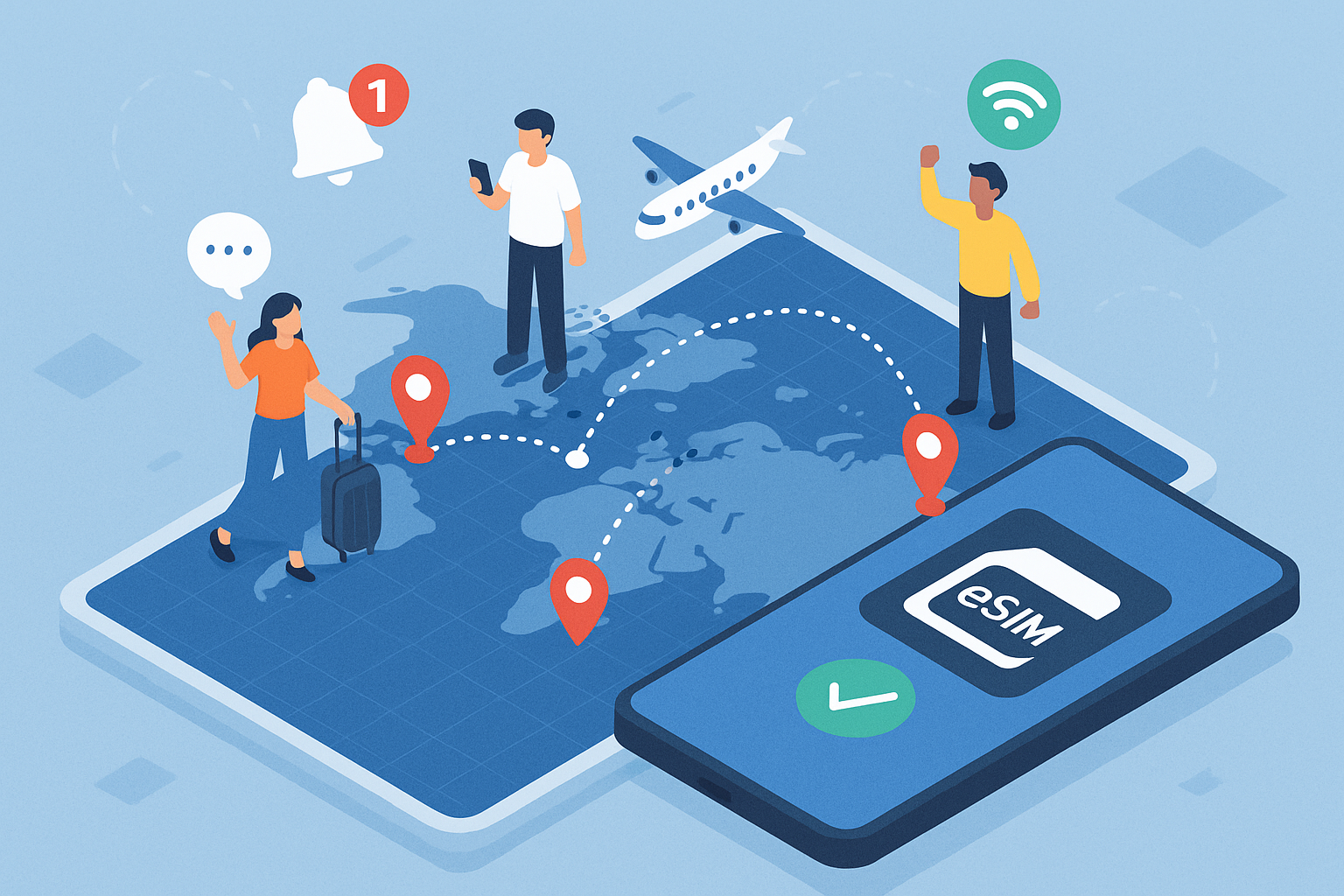 Illustration of esim app display on smartphone in a world map on digital screen setting, with a focused mood.