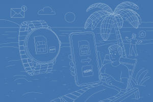 Illustration of user switching from sim to esim in a beach with smartwatch and phone setting, with a relaxed mood.