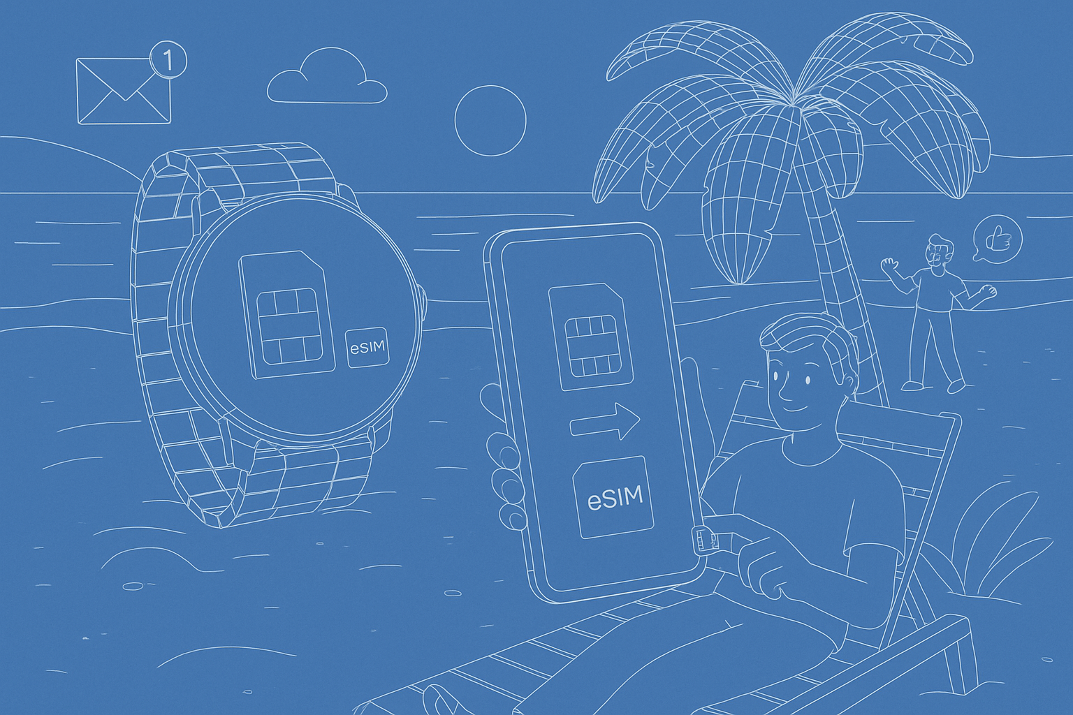Illustration of user switching from sim to esim in a beach with smartwatch and phone setting, with a relaxed mood.