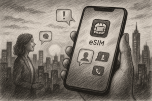 Illustration of closeup of esim enabled phone in a urban skyline at sunset setting, with a inspired mood.
