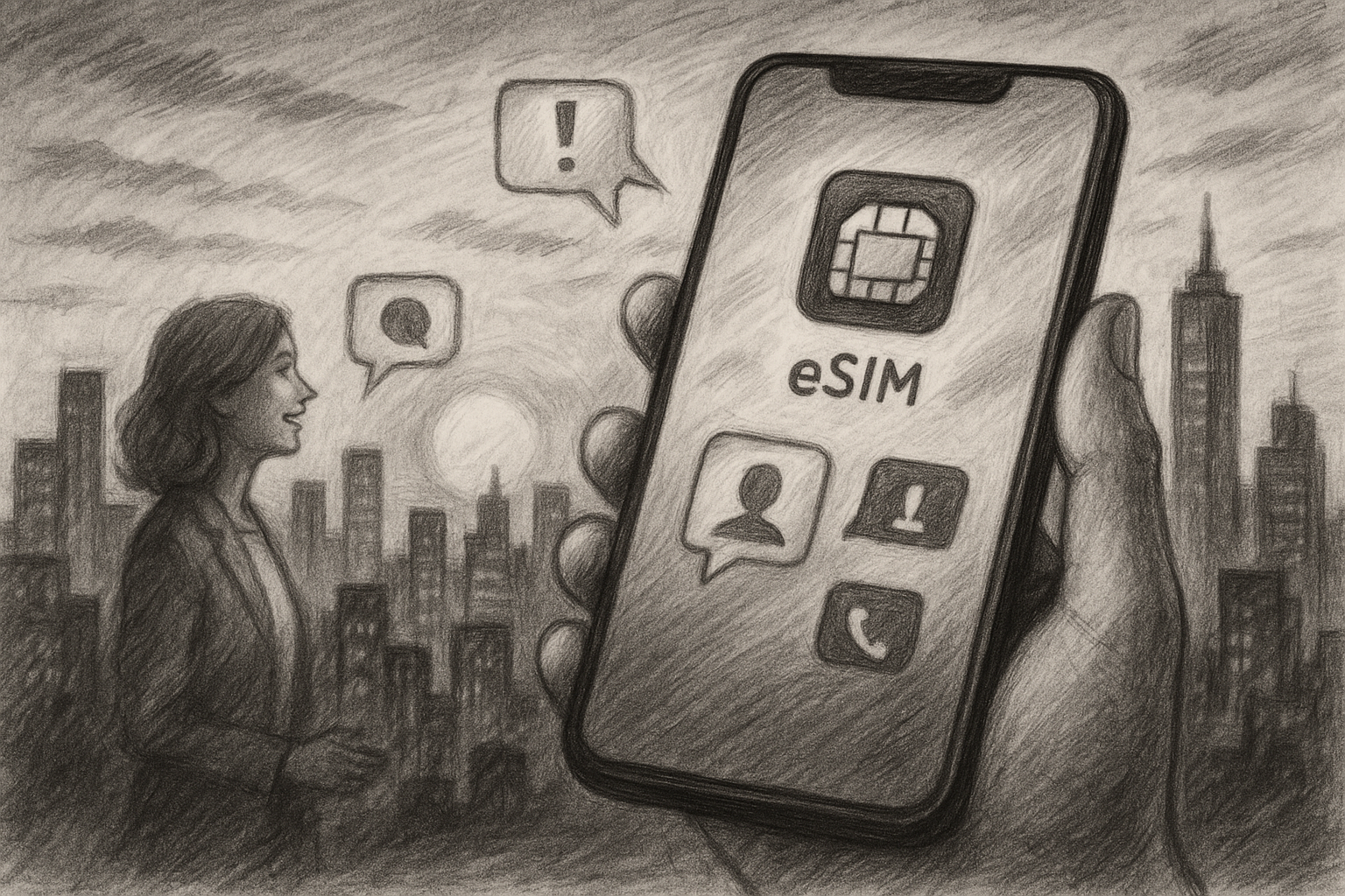 Illustration of closeup of esim enabled phone in a urban skyline at sunset setting, with a inspired mood.
