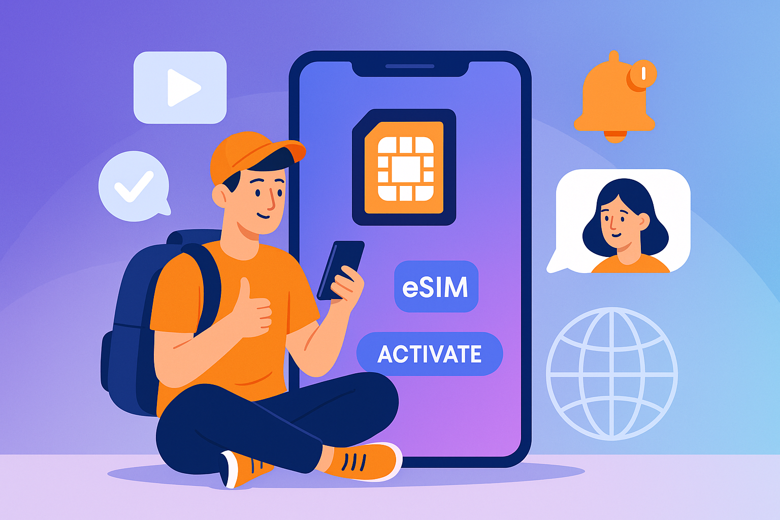 Illustration of traveler activating mobile plan in a techy abstract gradient setting, with a creative mood.