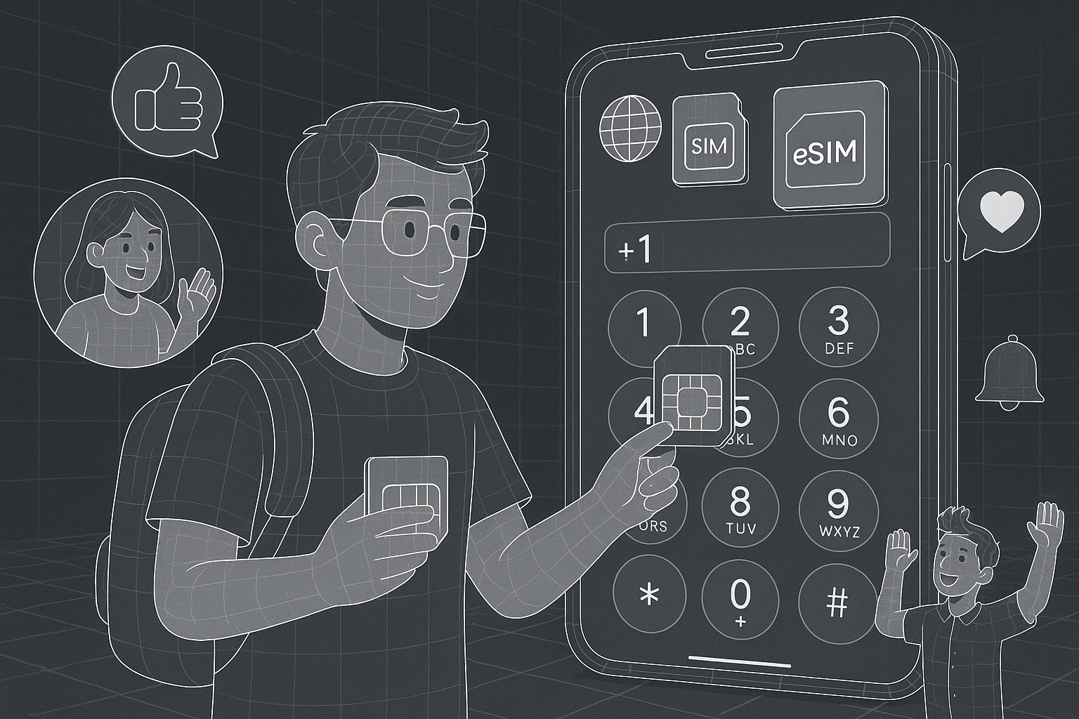 Illustration of user switching from sim to esim in a international dialing interface setting, with a creative mood.