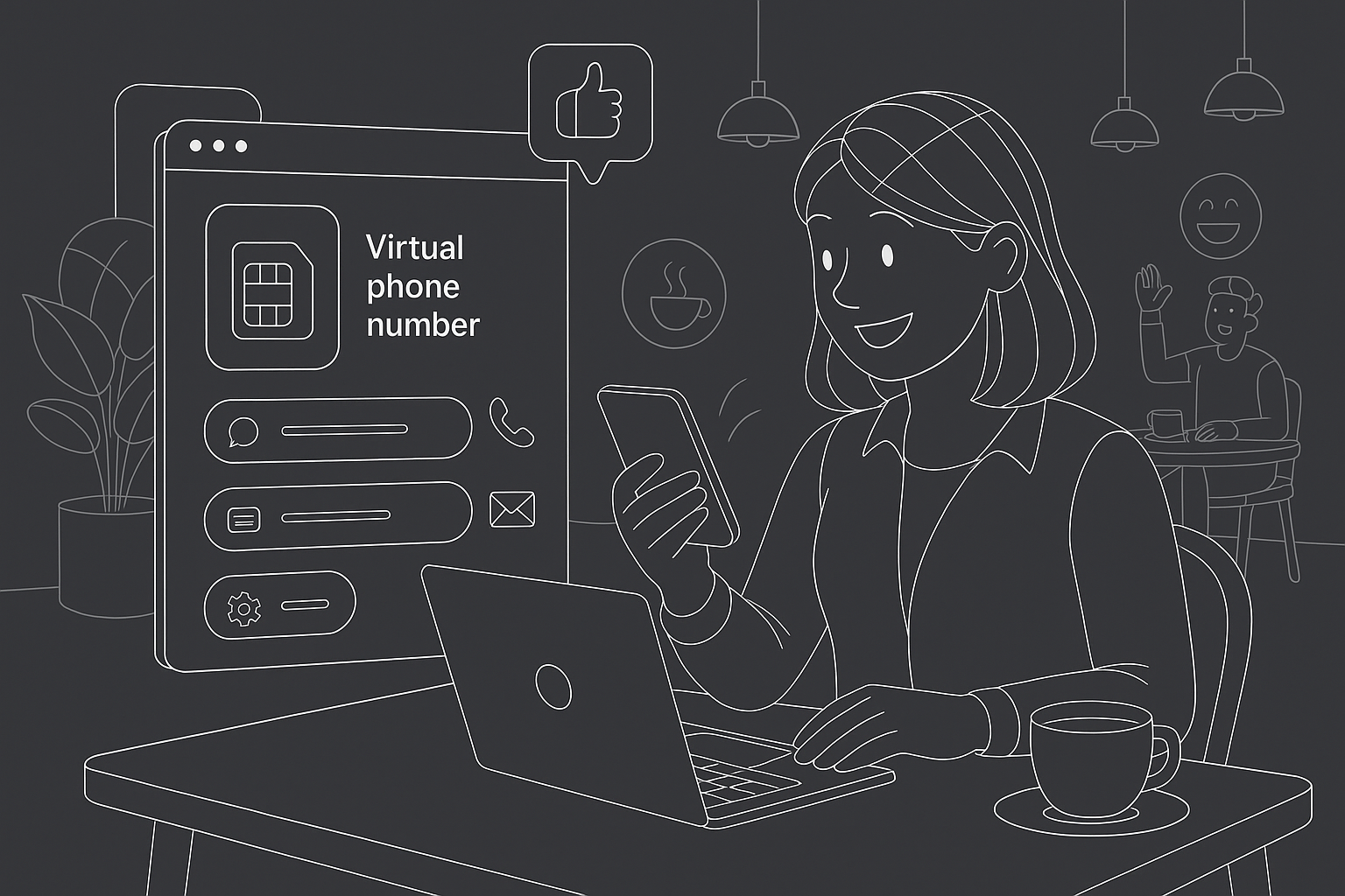 Illustration of virtual phone number dashboard in a coffee shop workspace setting, with a happy mood.