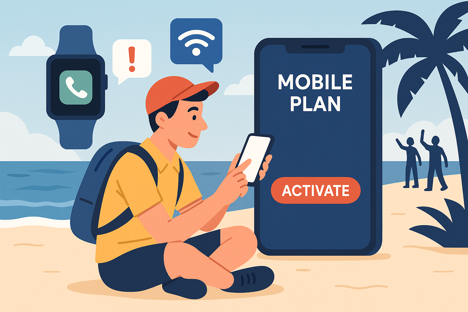 Illustration of traveler activating mobile plan in a beach with smartwatch and phone setting, with a relaxed mood.