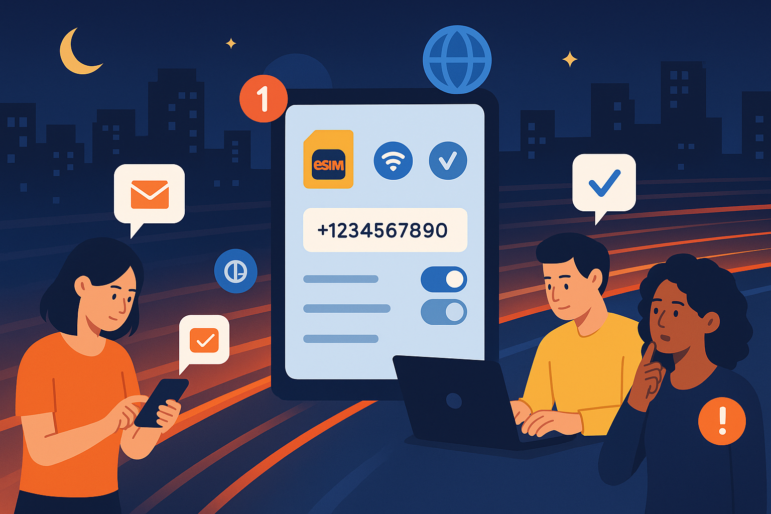 Illustration of virtual phone number dashboard in a city night view with light trails setting, with a focused mood.