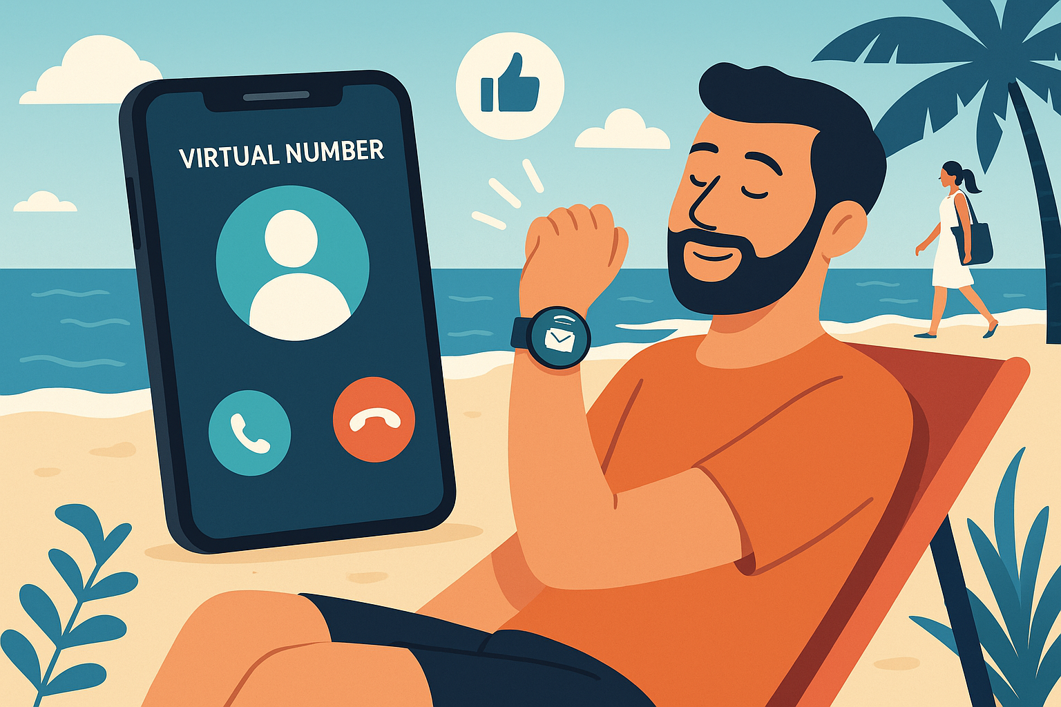 Illustration of incoming call from virtual number in a beach with smartwatch and phone setting, with a relaxed mood.
