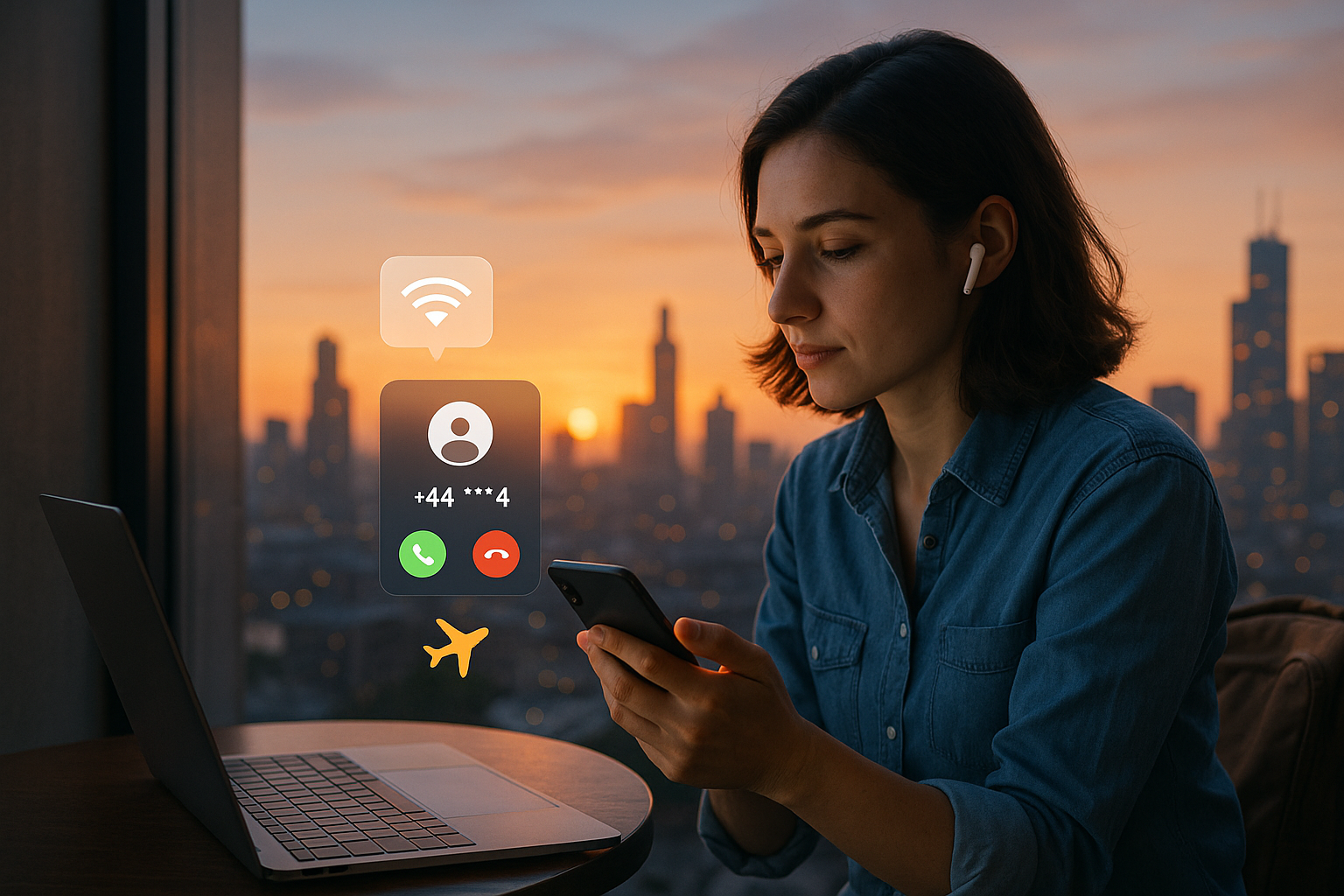 Illustration of incoming call from virtual number in a urban skyline at sunset setting, with a focused mood.