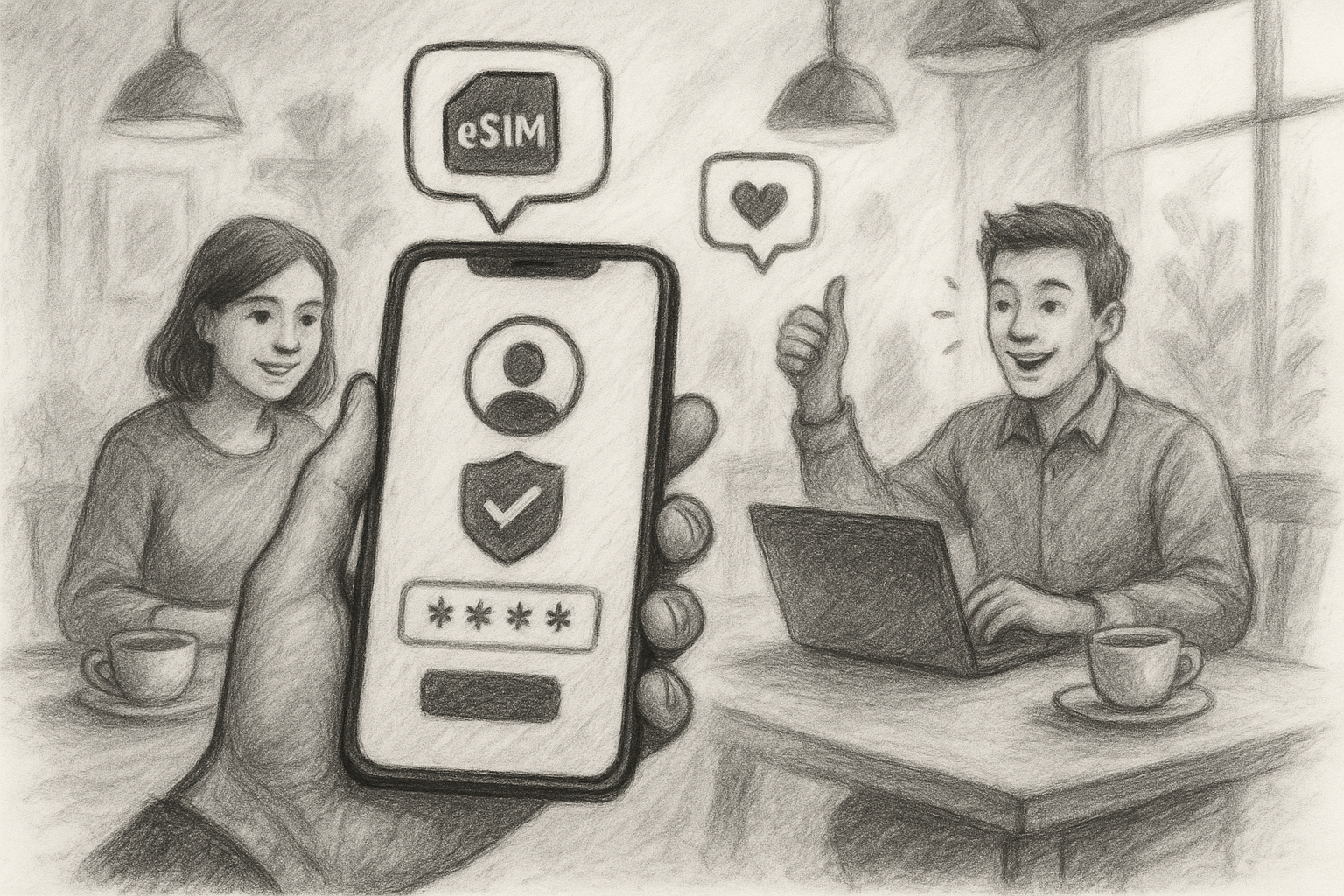 Illustration of mobile device with identity access in a coffee shop workspace setting, with a inspired mood.