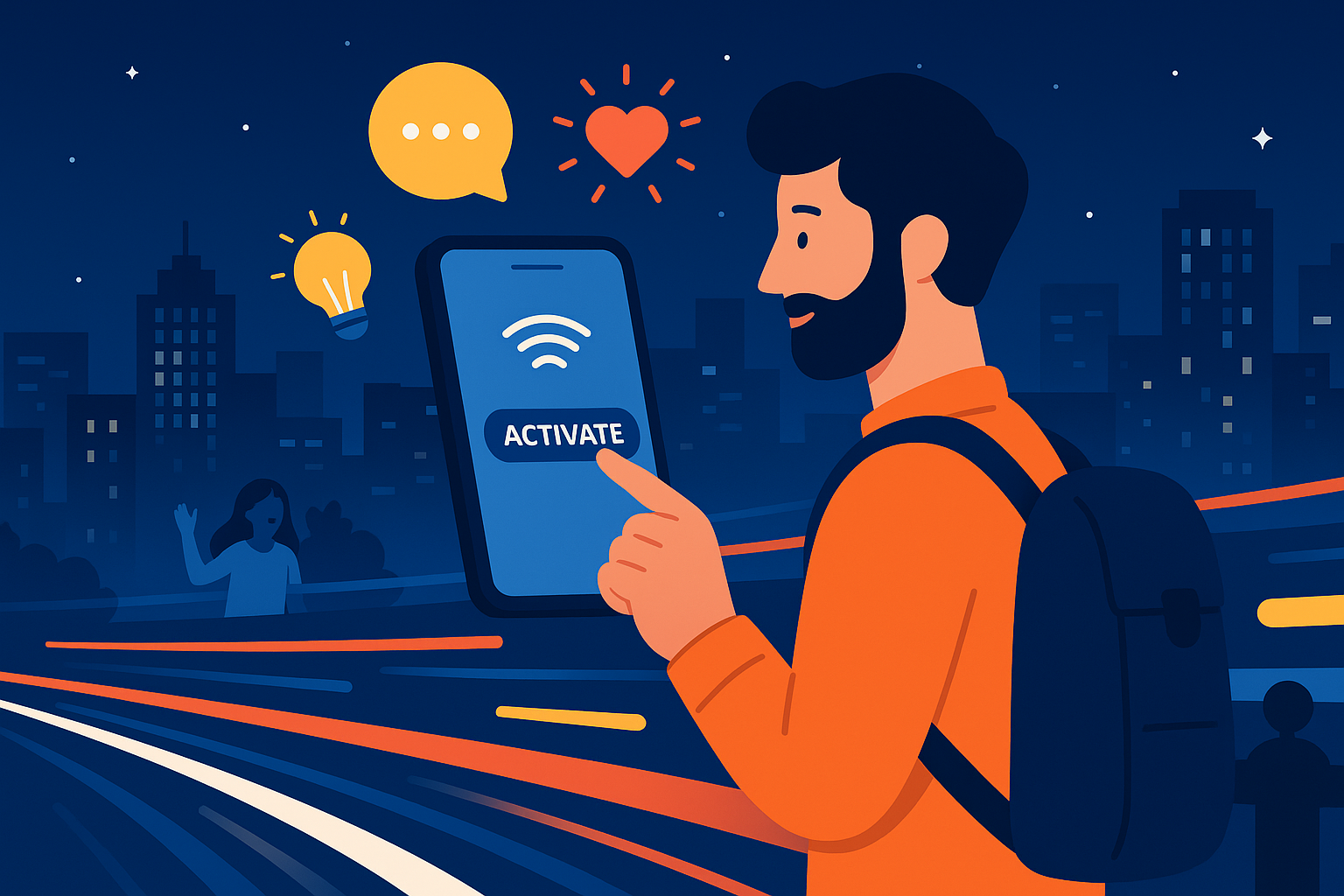 Illustration of traveler activating mobile plan in a city night view with light trails setting, with a inspired mood.