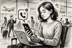Illustration of incoming call from virtual number in a airport terminal setting, with a focused mood.