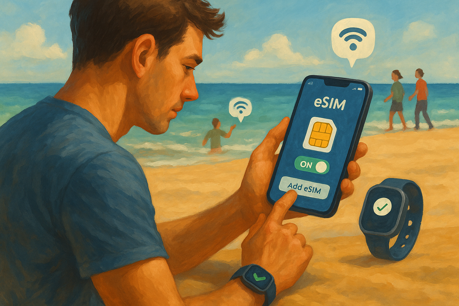 Illustration of person using phone with esim interface in a beach with smartwatch and phone setting, with a focused mood.