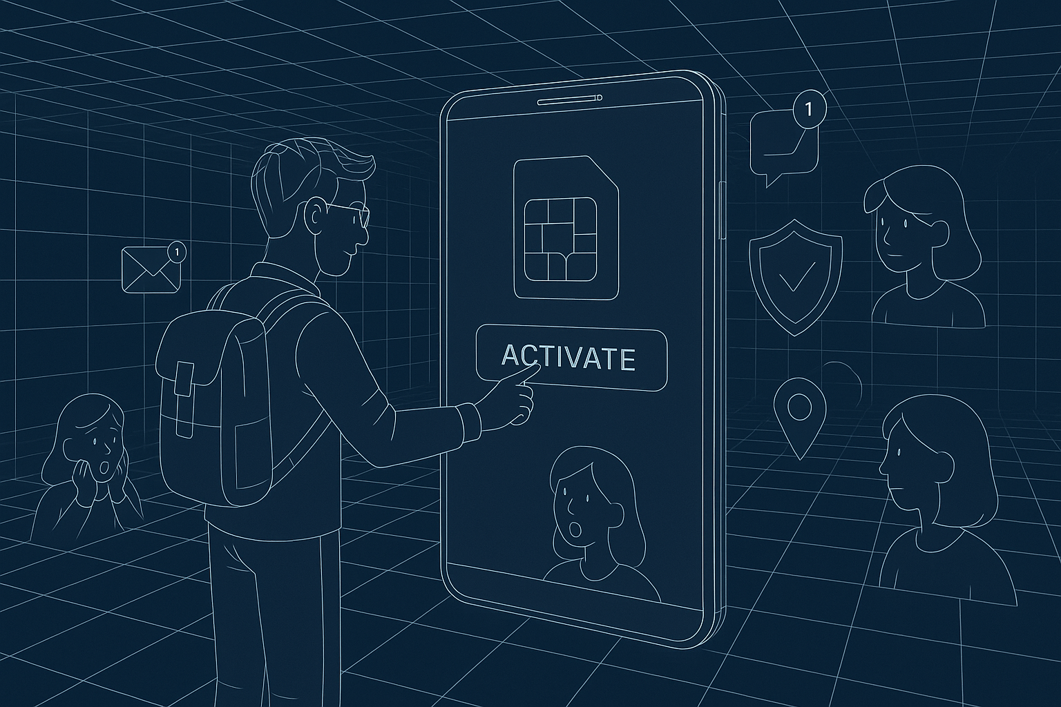 Illustration of traveler activating mobile plan in a cybersecurity digital grid setting, with a focused mood.