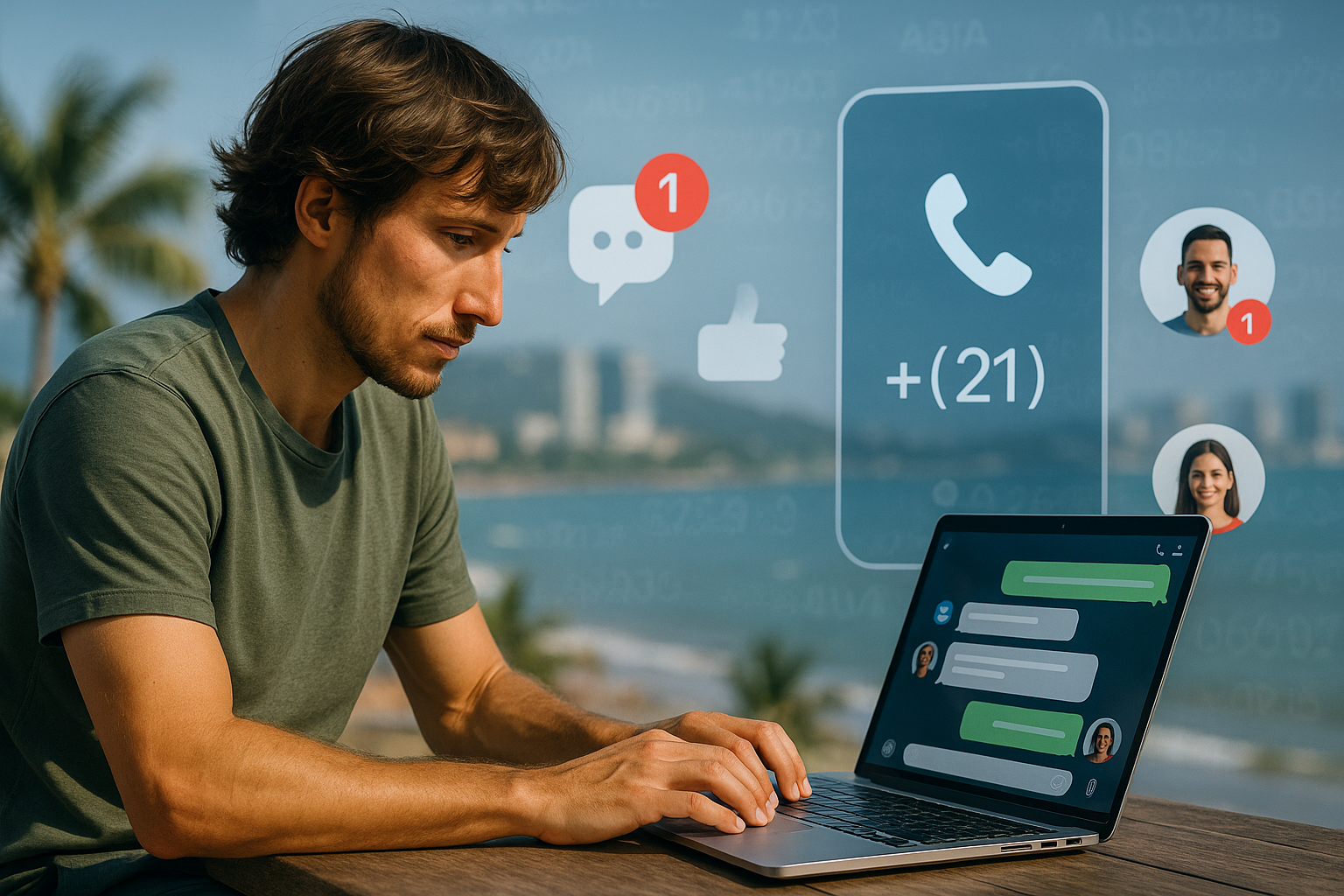 Illustration of nomad on laptop using messaging app in a international dialing interface setting, with a creative mood.