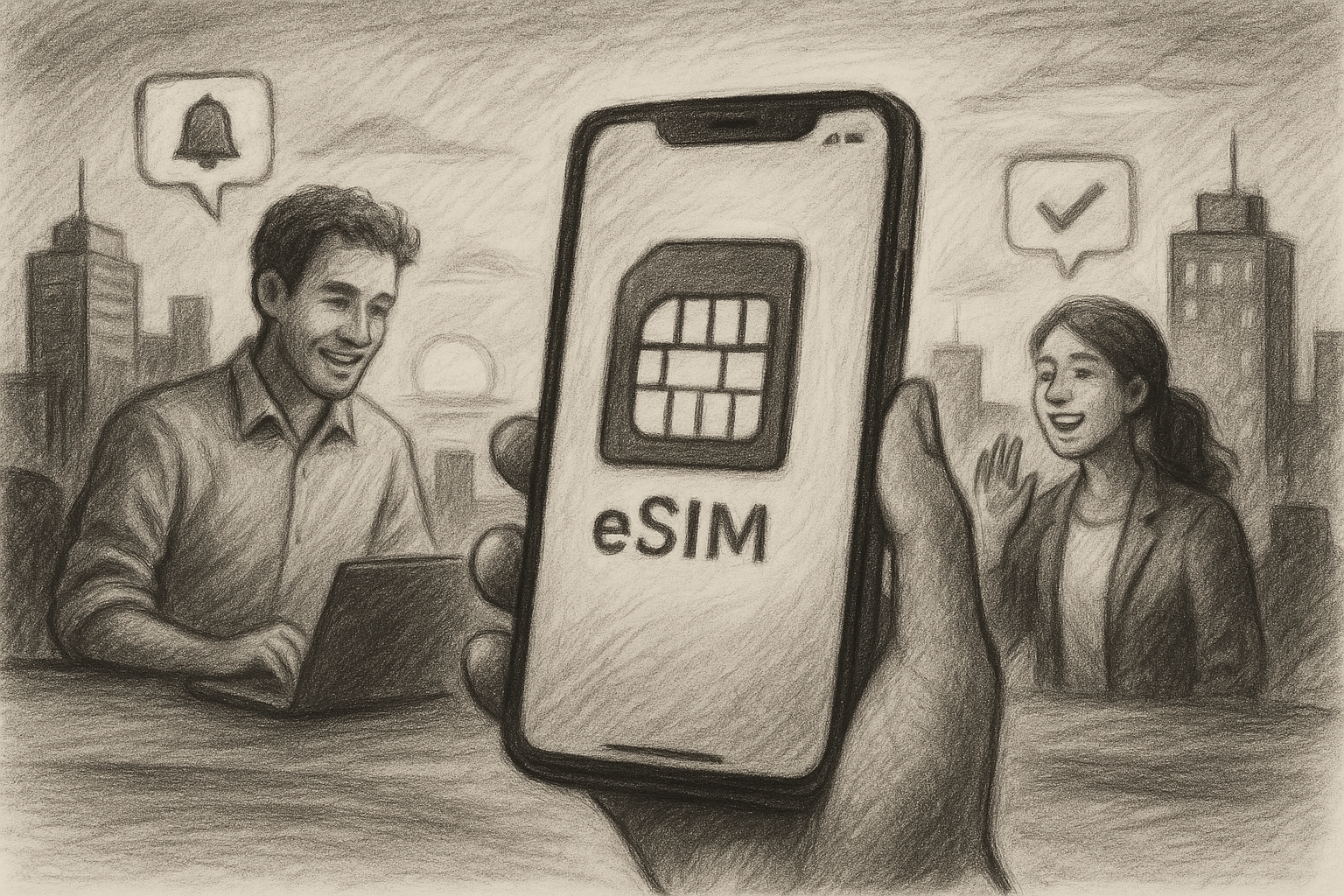 Illustration of esim app display on smartphone in a urban skyline at sunset setting, with a creative mood.