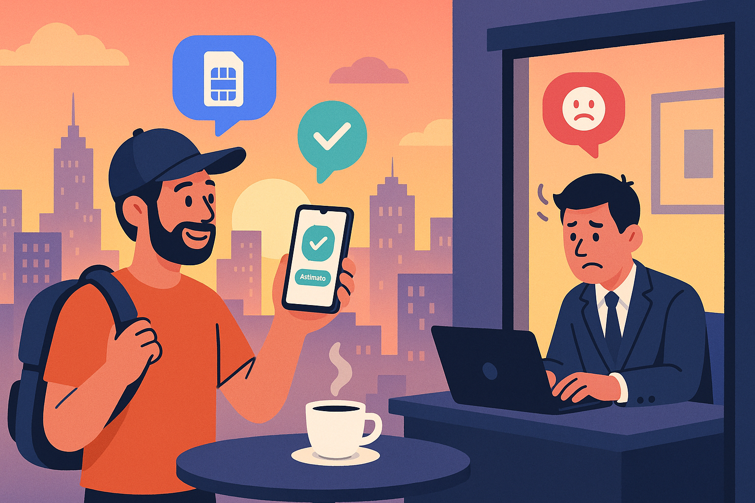 Illustration of traveler activating mobile plan in a urban skyline at sunset setting, with a happy mood.
